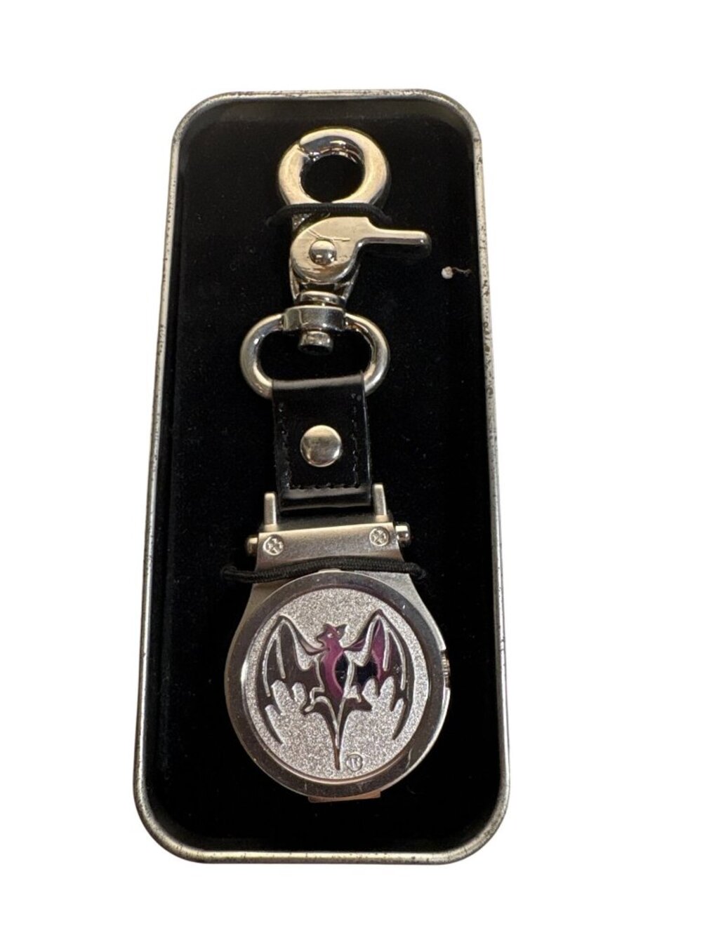 Bacardi Rum Branded Flip Top Pocket Watch Bat Signal Leather Strap w/ Tin Box 5"